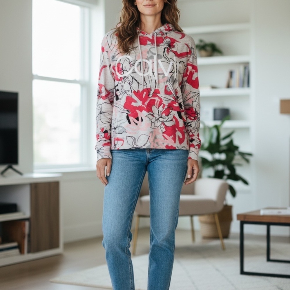 Calvin Klein Performance Floral Hoodie Women’s Large W Logo Athleisure Pullover - Picture 8 of 15